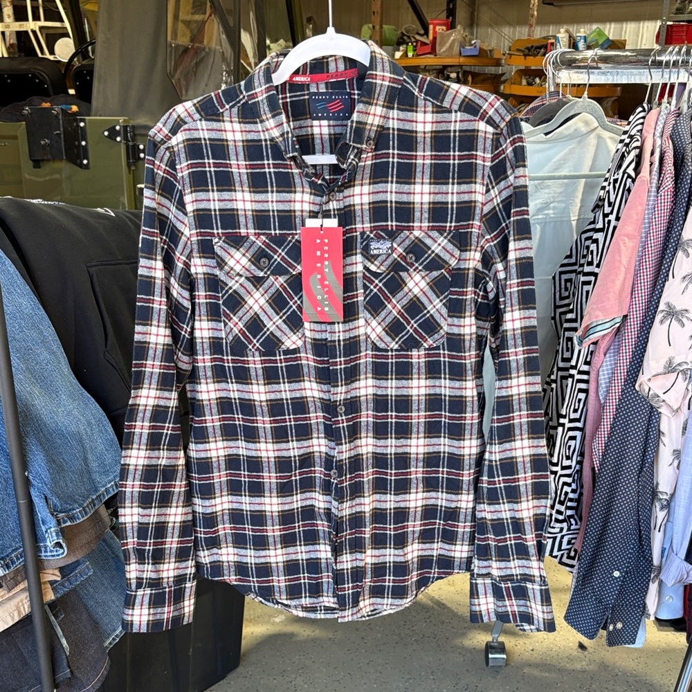 Perry Ellis Navy and White Plaid Shirt